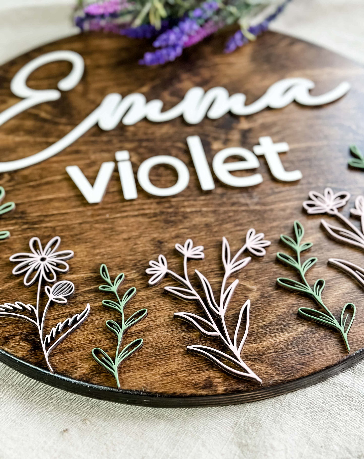 Engraved Floral Baby Name Sign, "Emma"