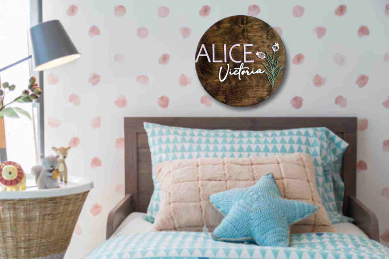Engraved Birth Flower Baby Name Sign, "Alice"