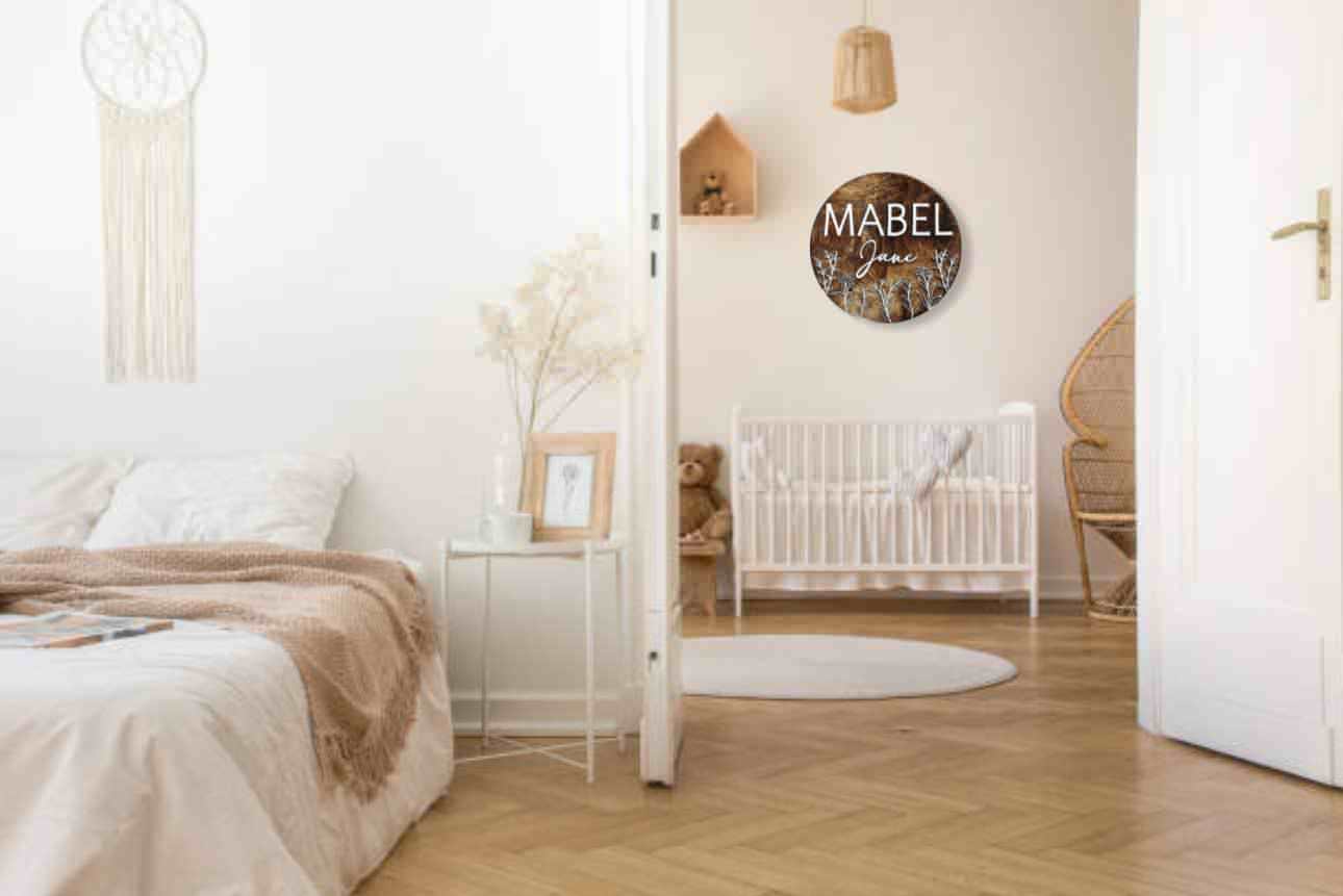 Engraved Floral Baby Name Sign, "Mabel"