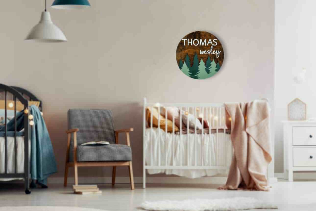 Engraved Woodland Baby Name Sign, "Thomas"