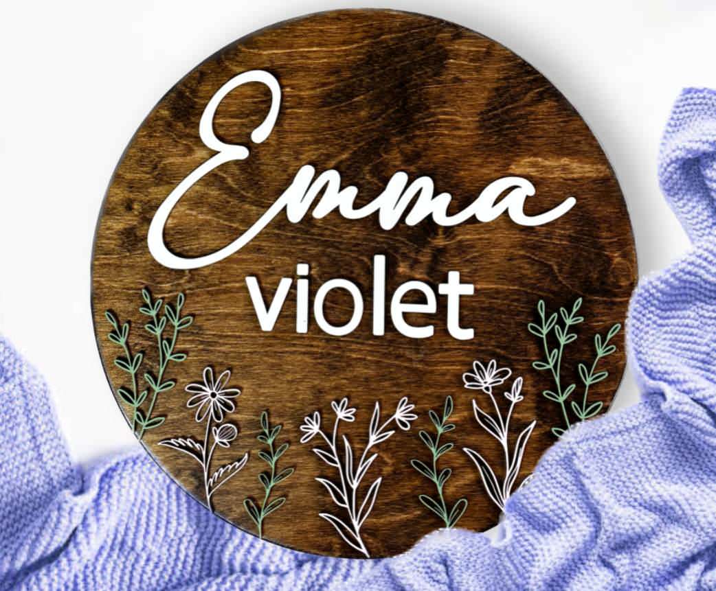 Engraved Floral Baby Name Sign, "Emma"