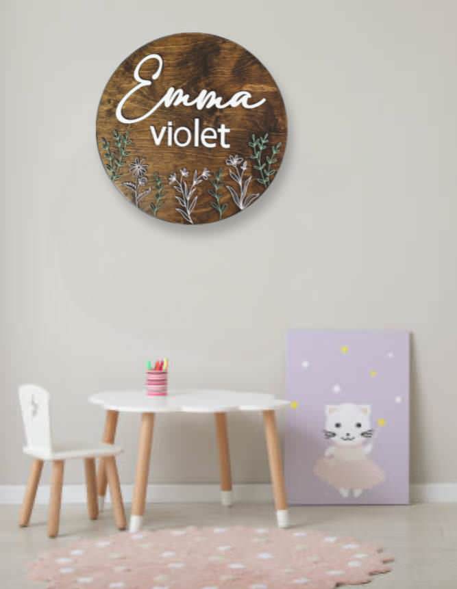 Engraved Floral Baby Name Sign, "Emma"