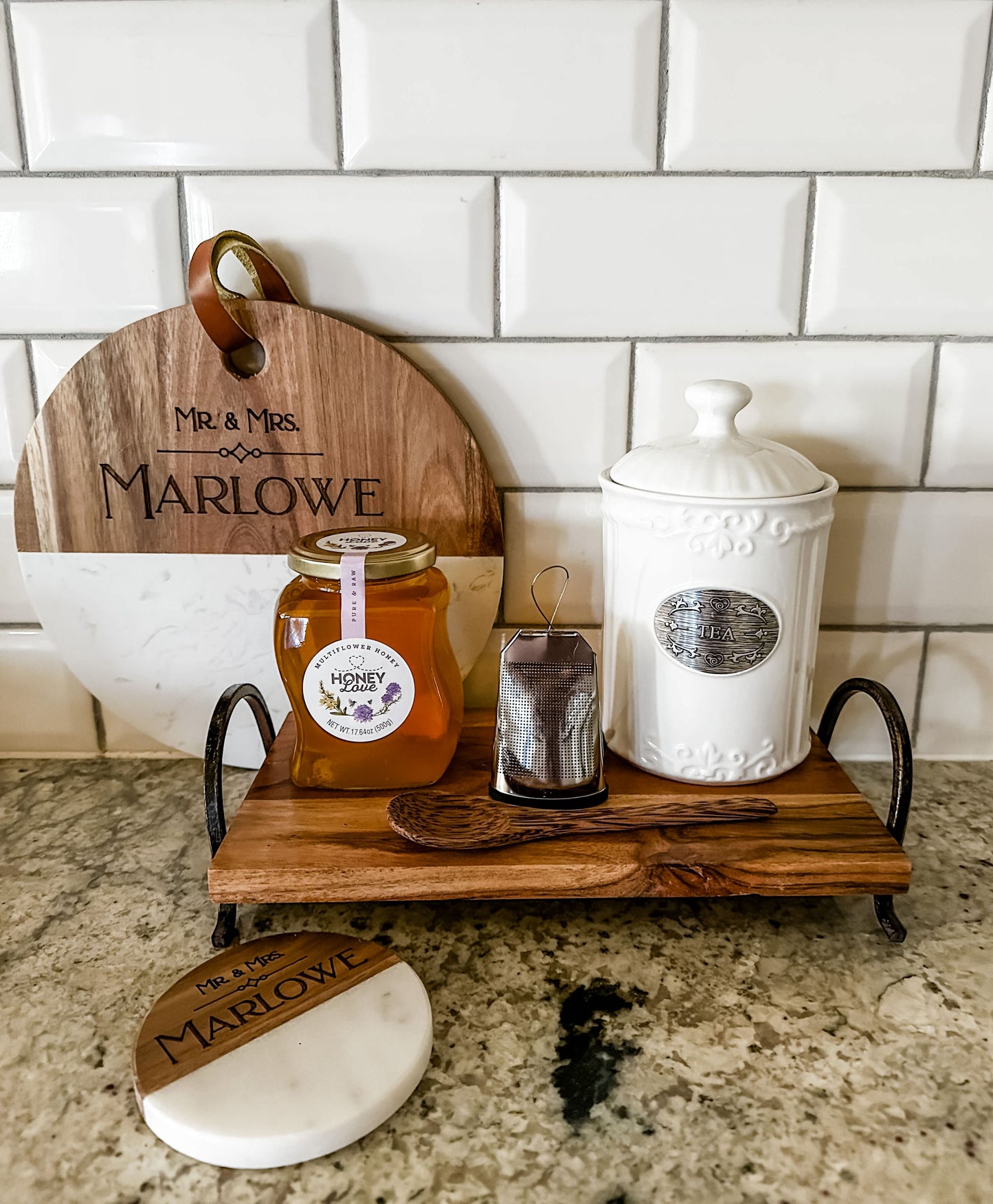 Engraved Marriage/Anniversary Wood + Marble Coaster Set
