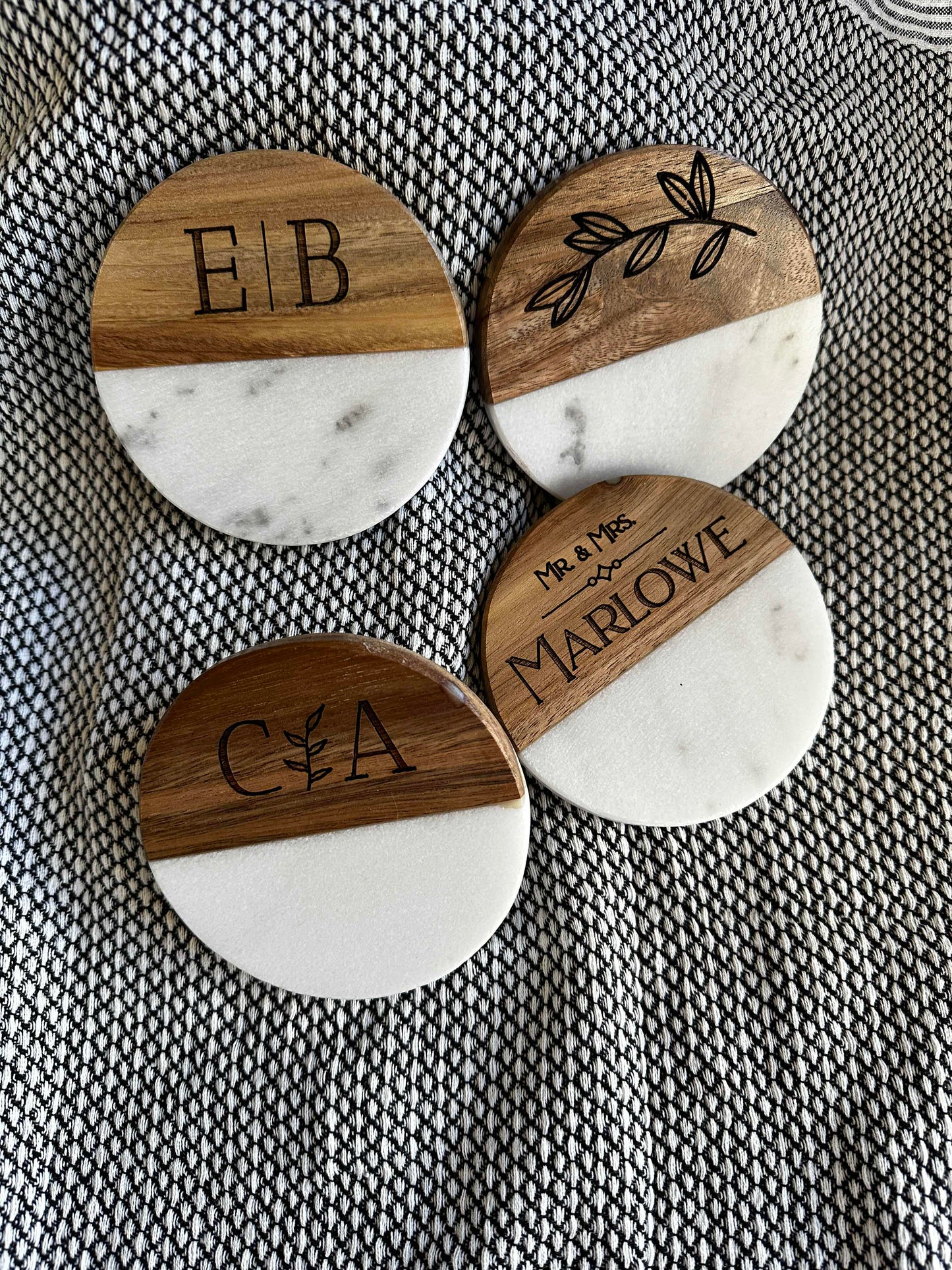 Engraved Marriage/Anniversary Wood + Marble Coaster Set