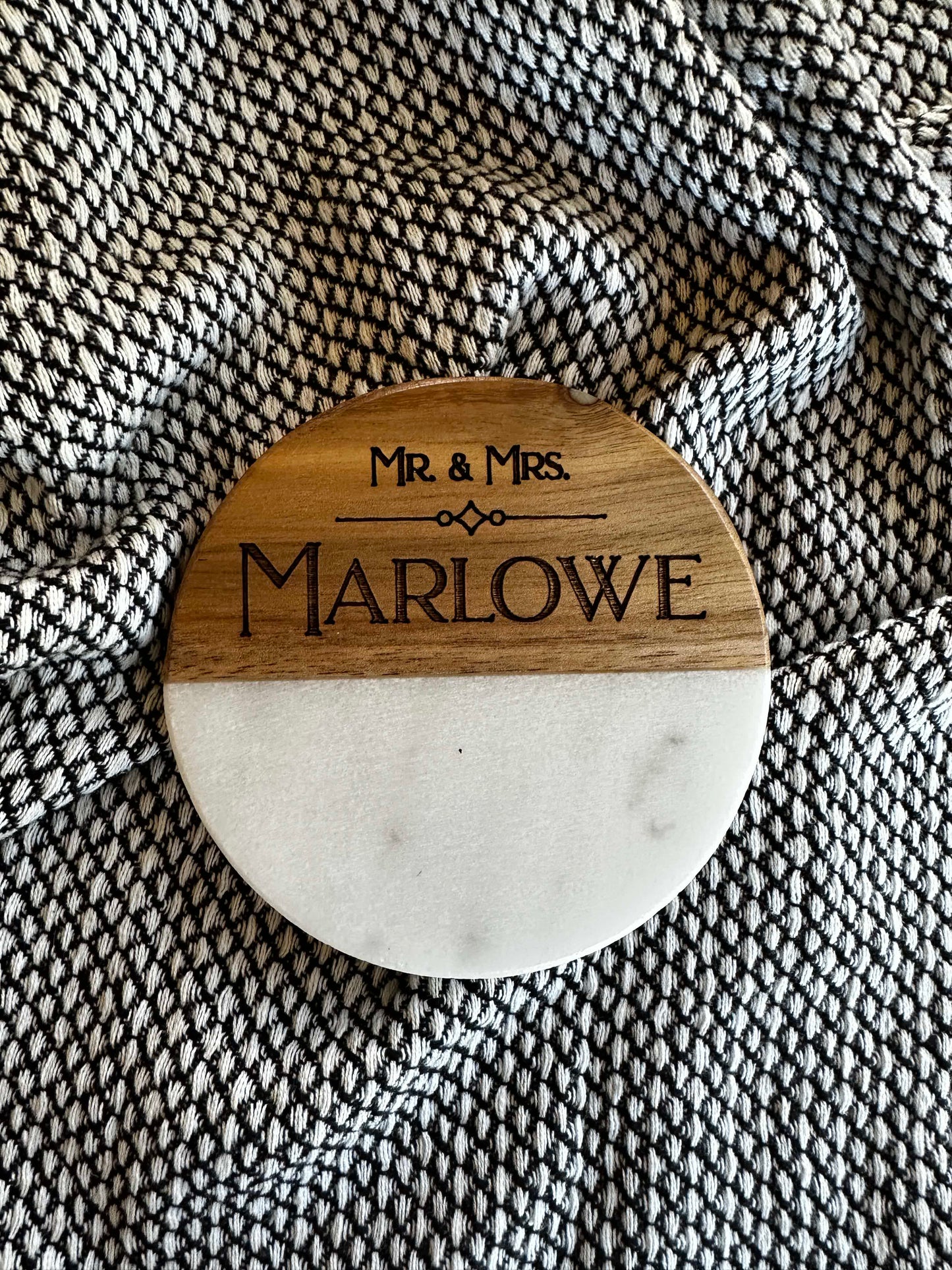 Engraved Marriage/Anniversary Wood + Marble Coaster Set