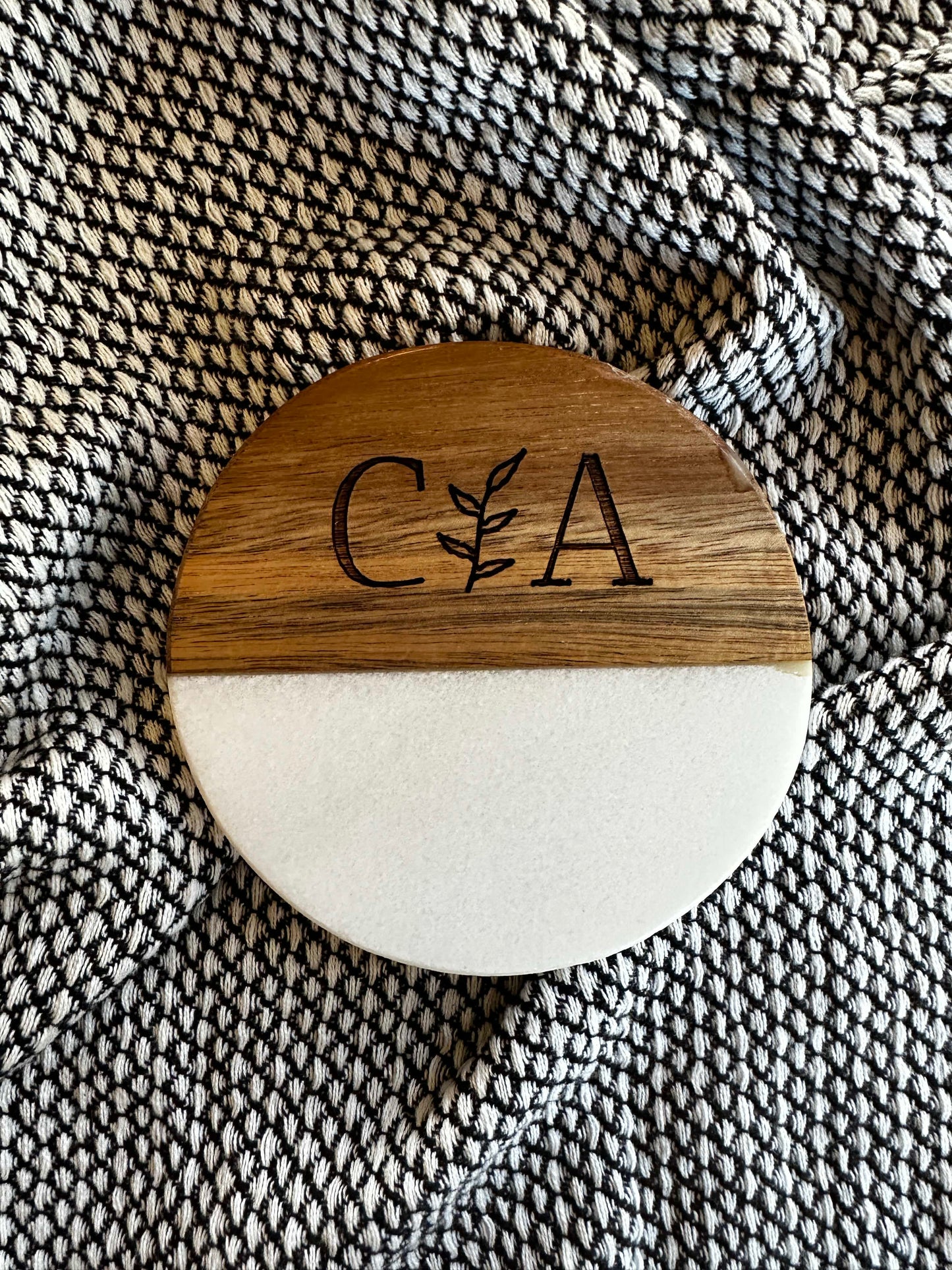 Engraved Marriage/Anniversary Wood + Marble Coaster Set