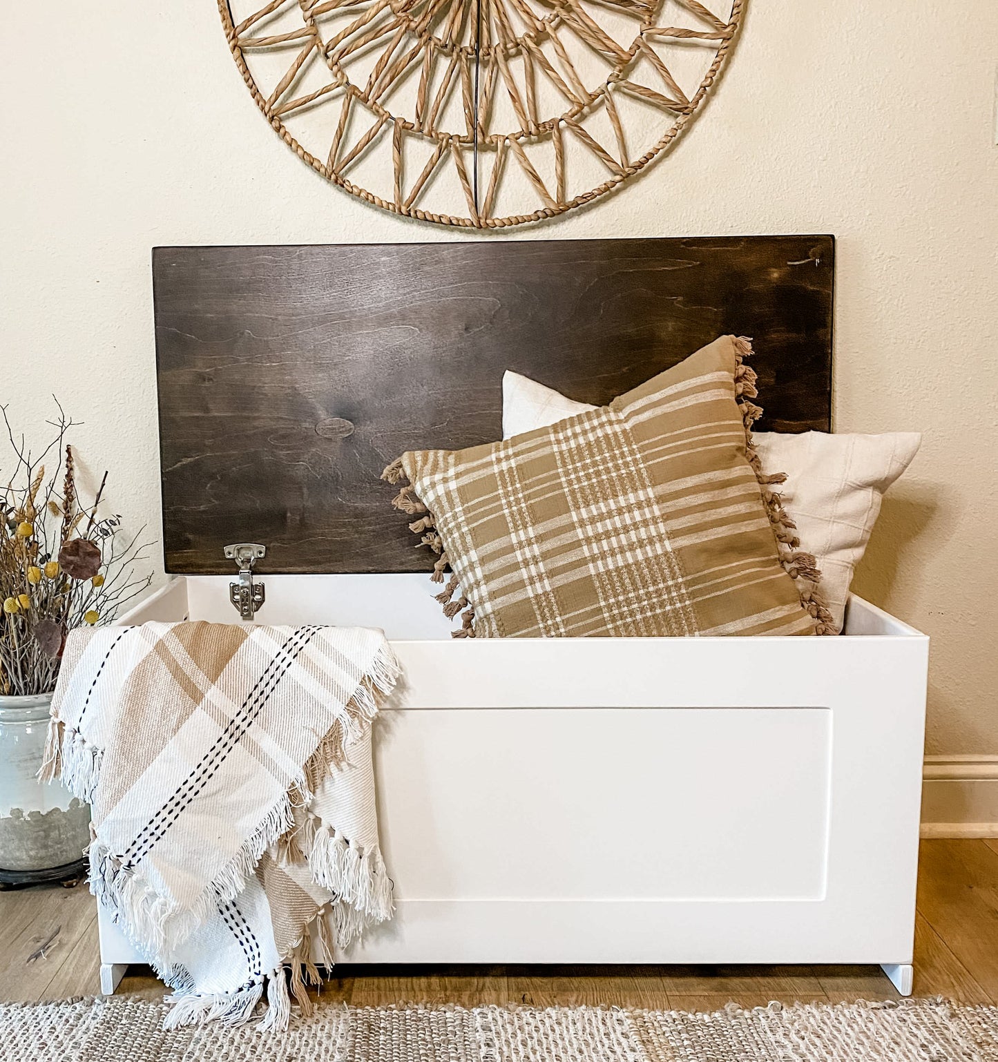 Entryway Shoe Bench, Soft White + Dark Brown