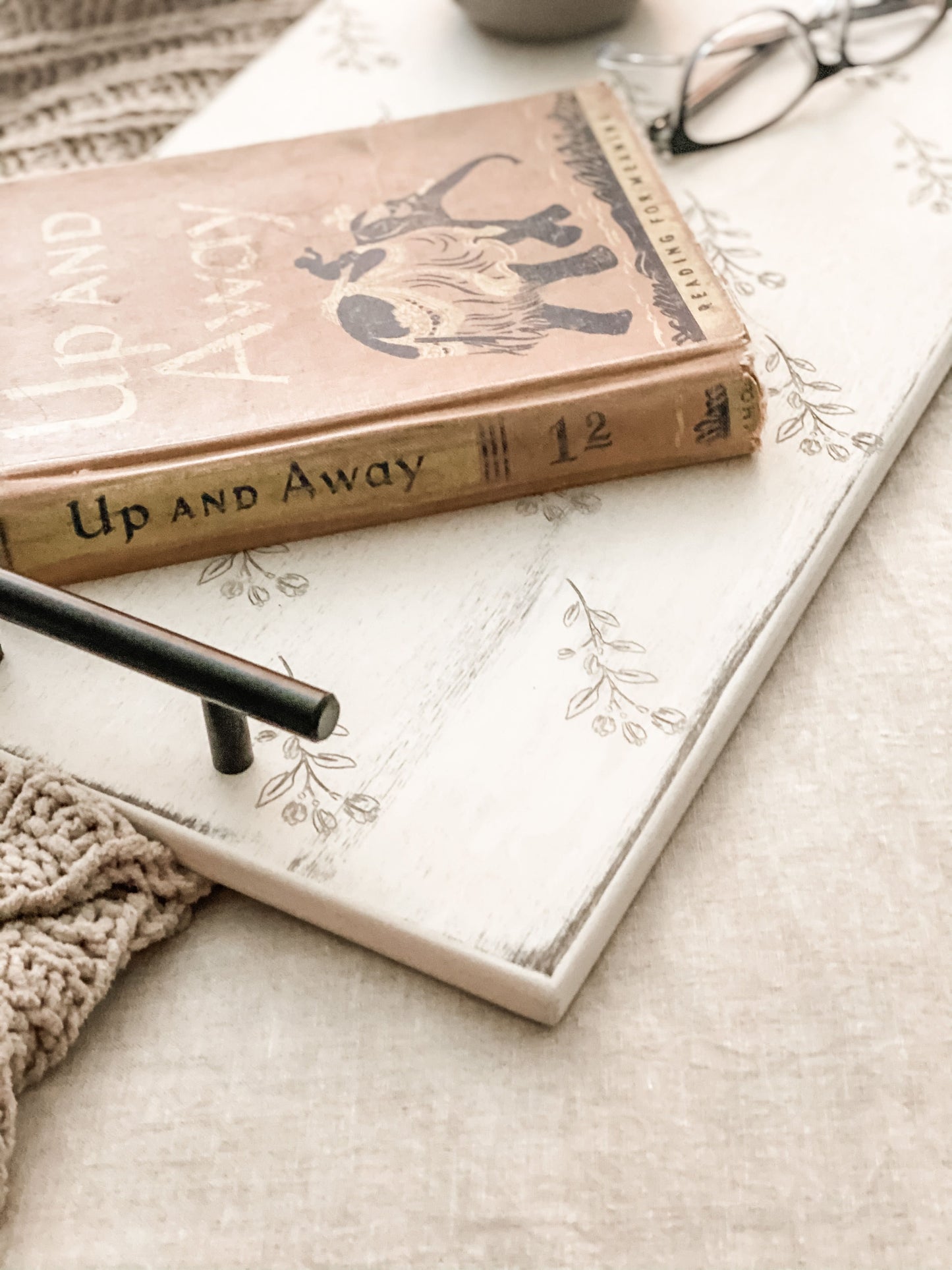 Engraved Floral Serving Tray, Distressed Ivory