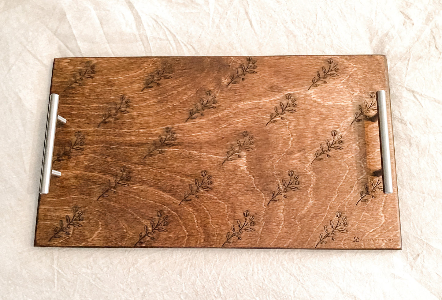 Engraved Floral Serving Tray, Warm Brown + Black