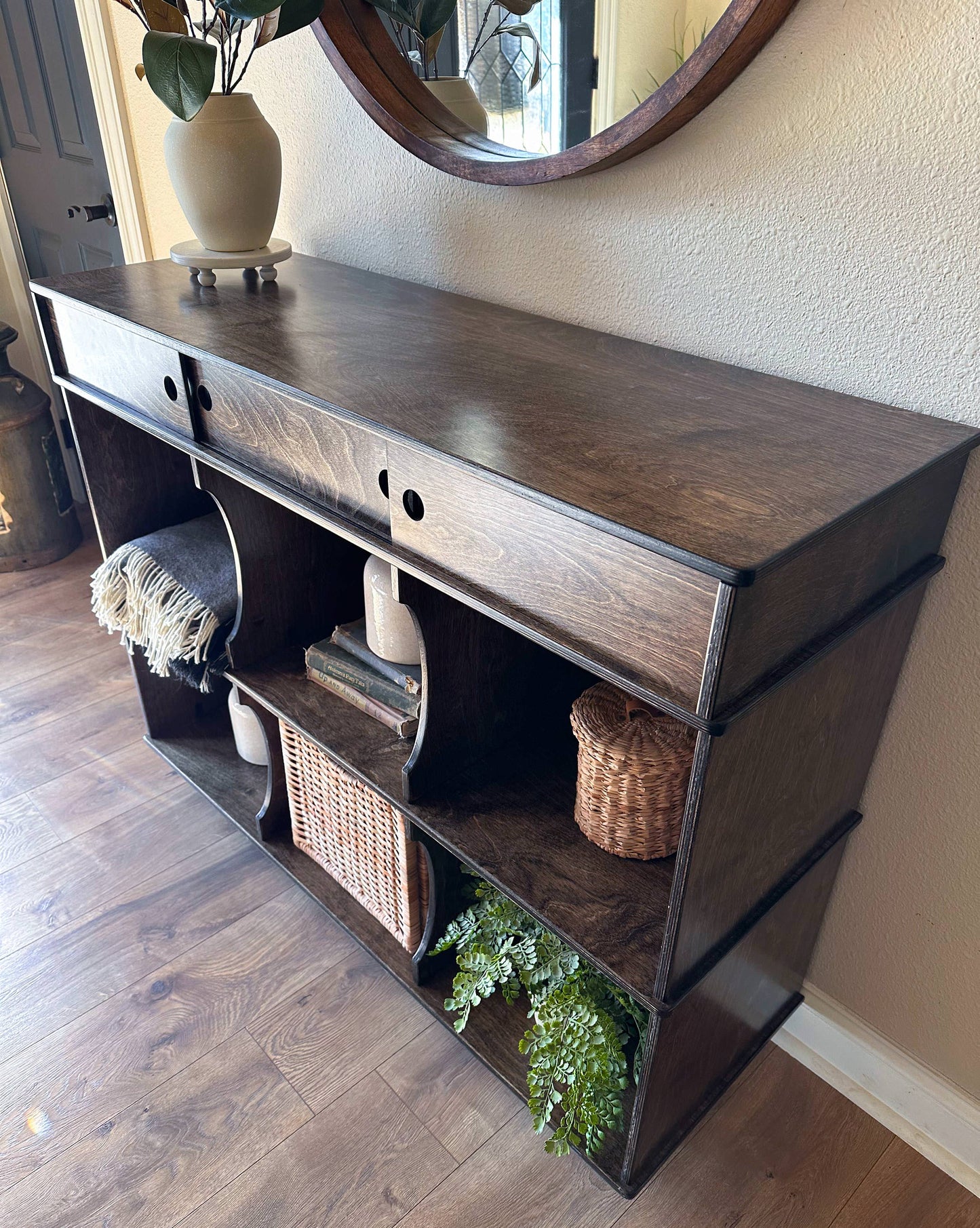 Entryway Credenza with Cubbies in Dark Brown