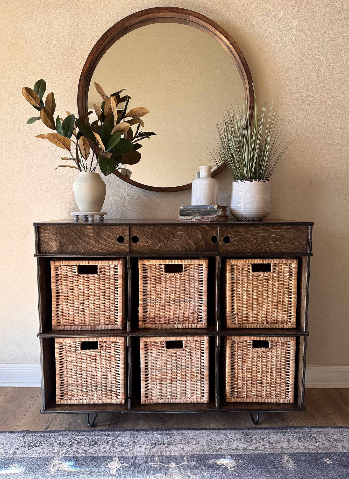 Entryway Credenza with Cubbies in Dark Brown