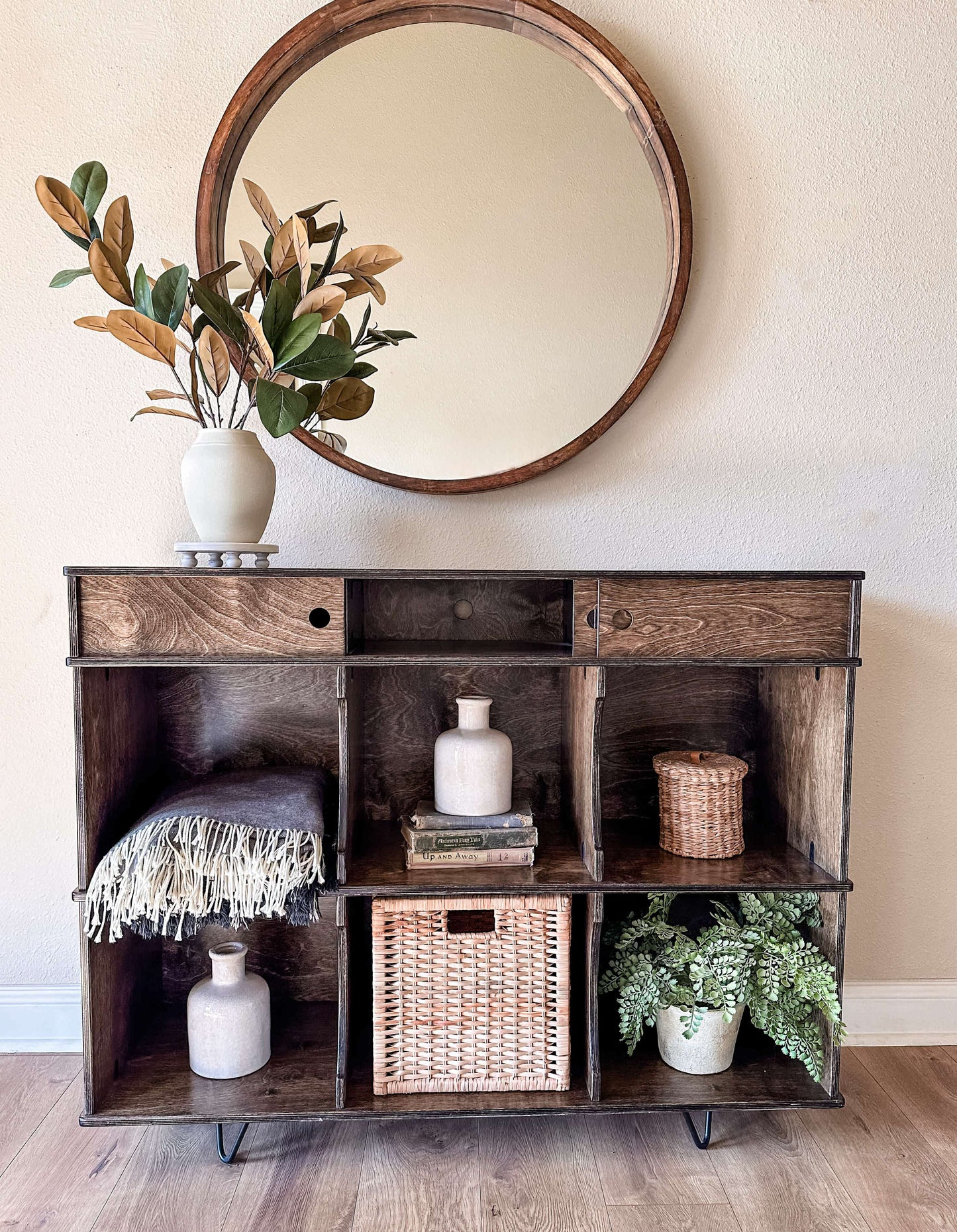 Entryway Credenza with Cubbies in Dark Brown