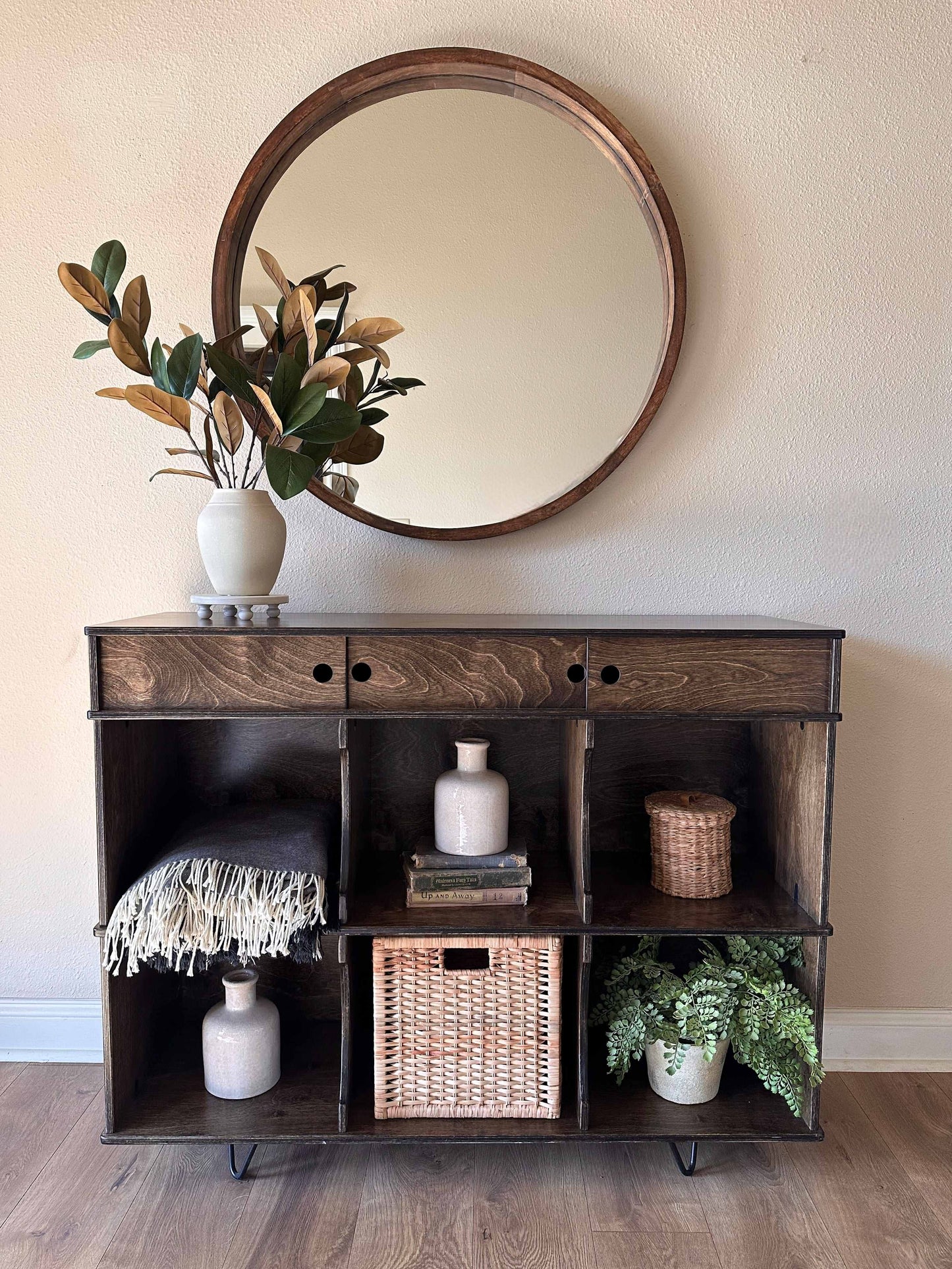 Entryway Credenza with Cubbies in Dark Brown