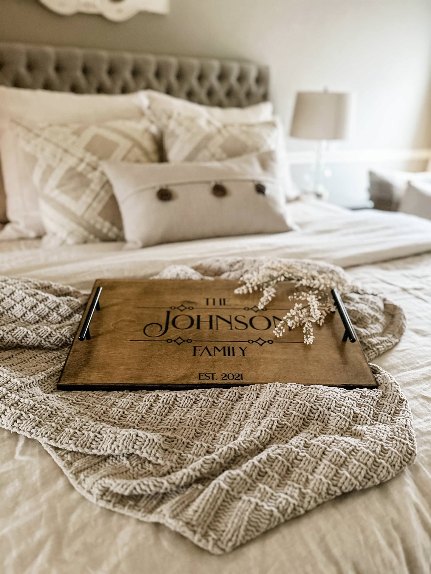 Personalized Family Name Serving Tray, Warm Brown + Black Script