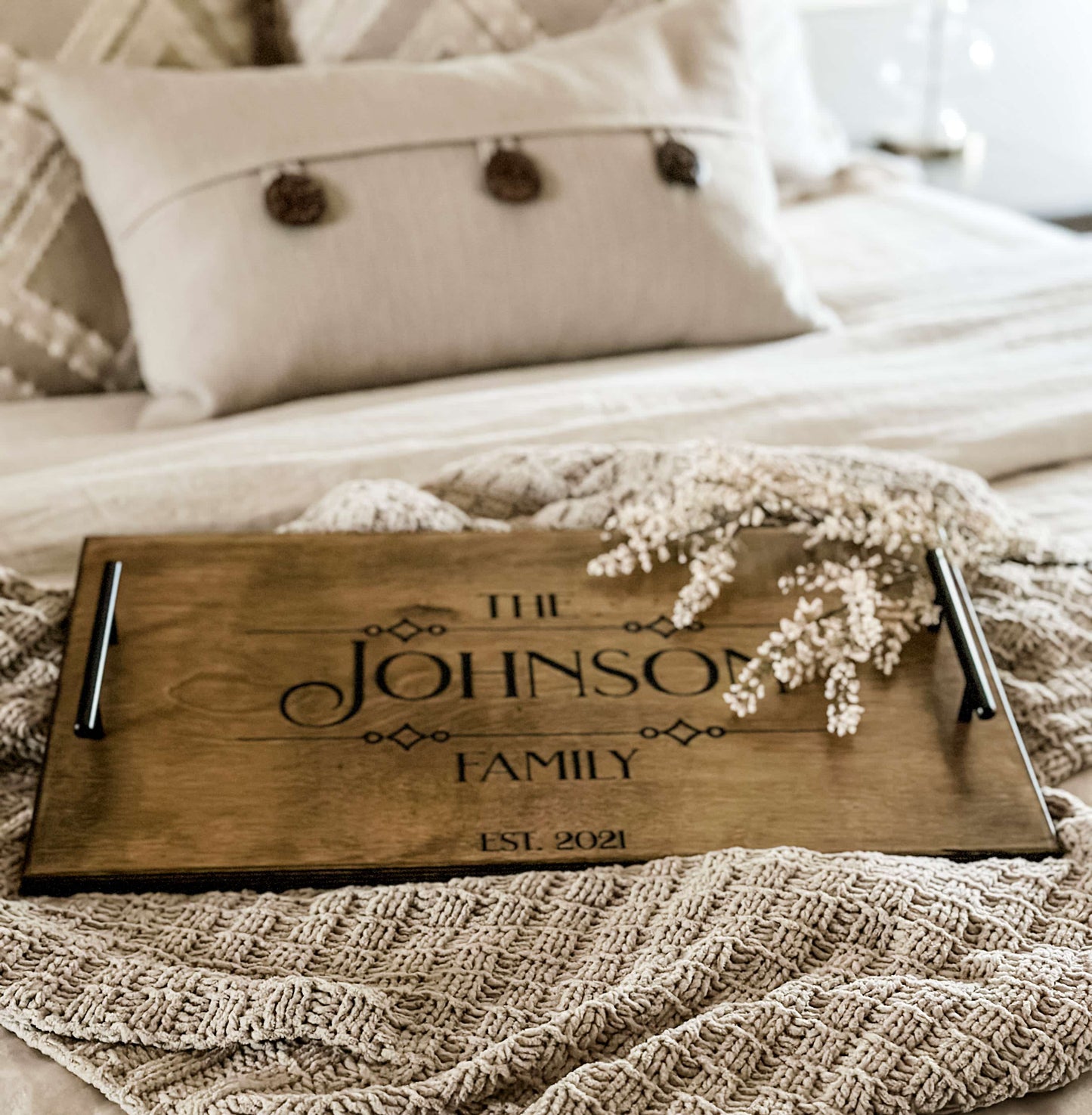 Personalized Family Name Serving Tray, Warm Brown + Black Script