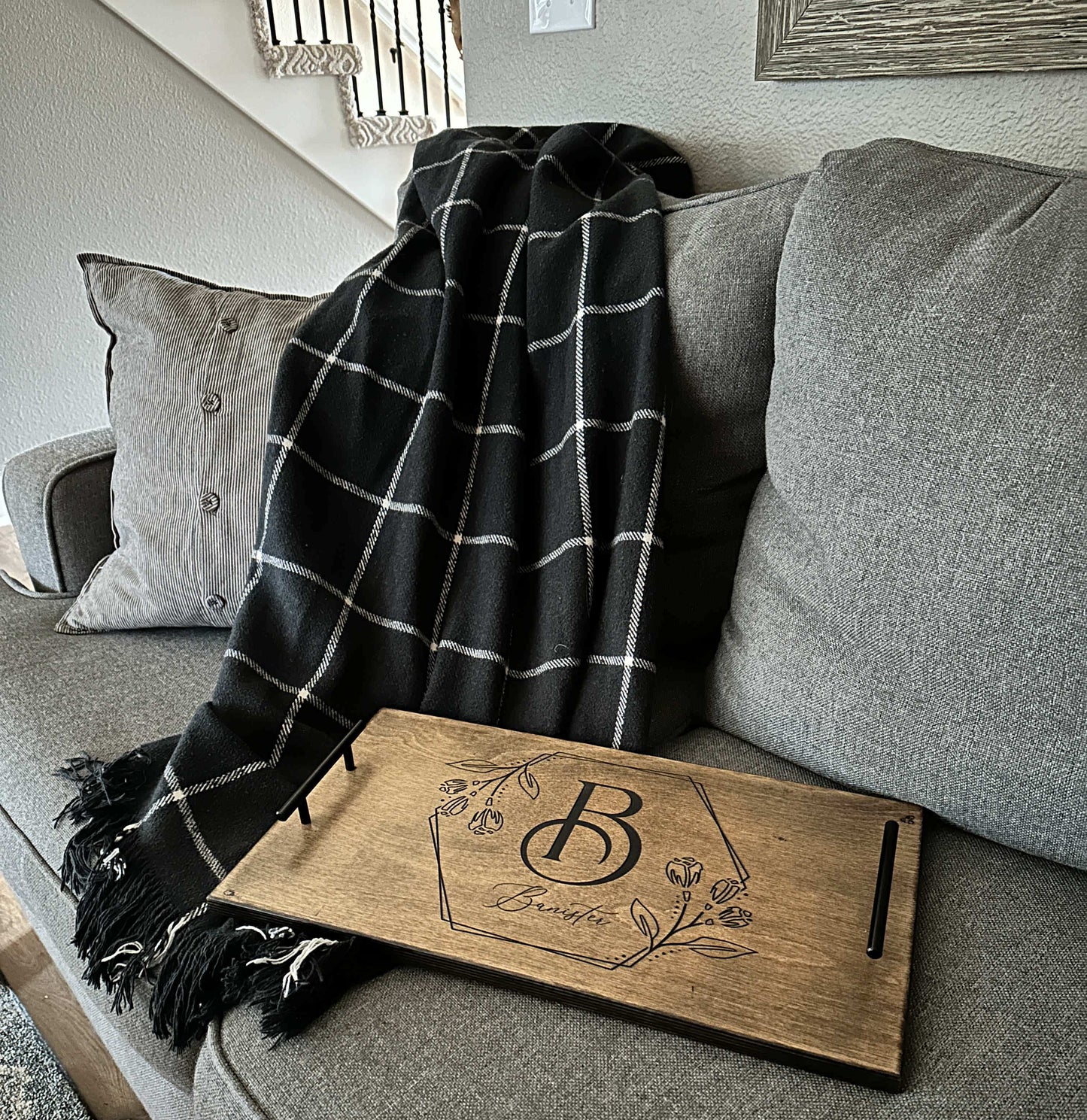 Engraved Initial Serving Tray, Warm Brown + Black Script