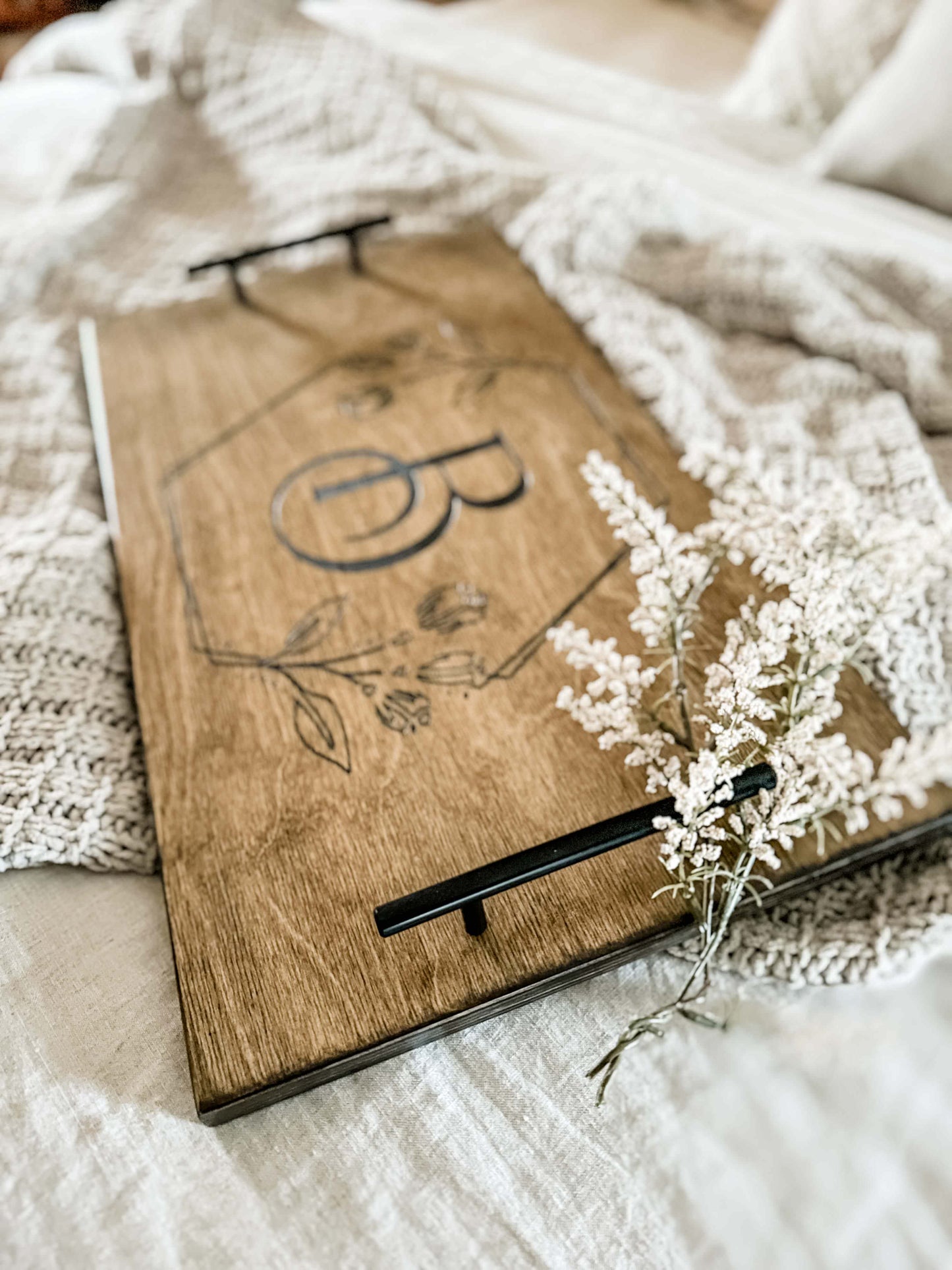 Engraved Floral Monogram Serving Tray, Warm Brown + Black Script