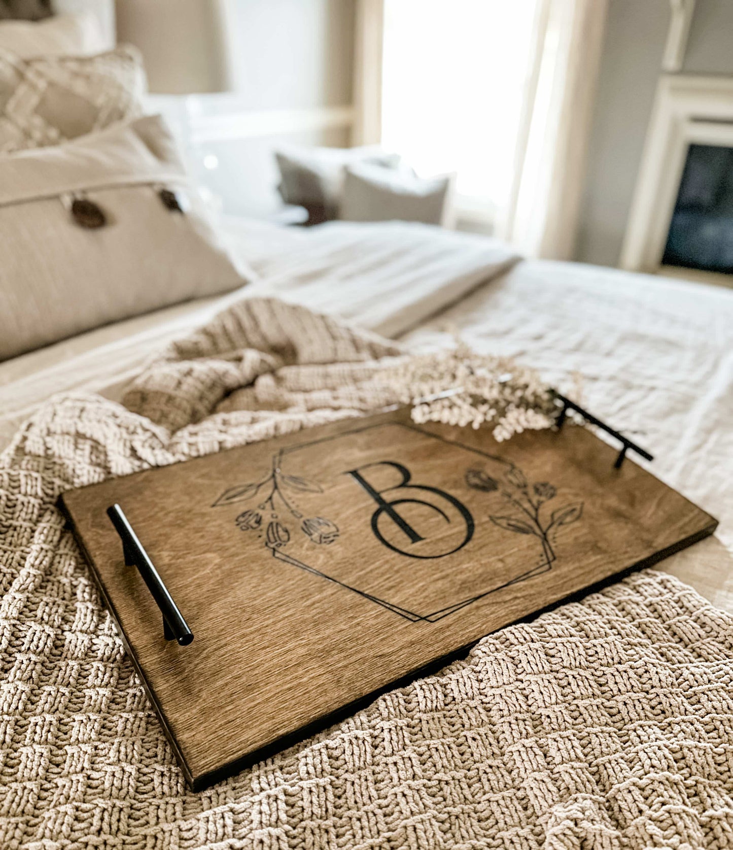 Engraved Floral Monogram Serving Tray, Warm Brown + Black Script