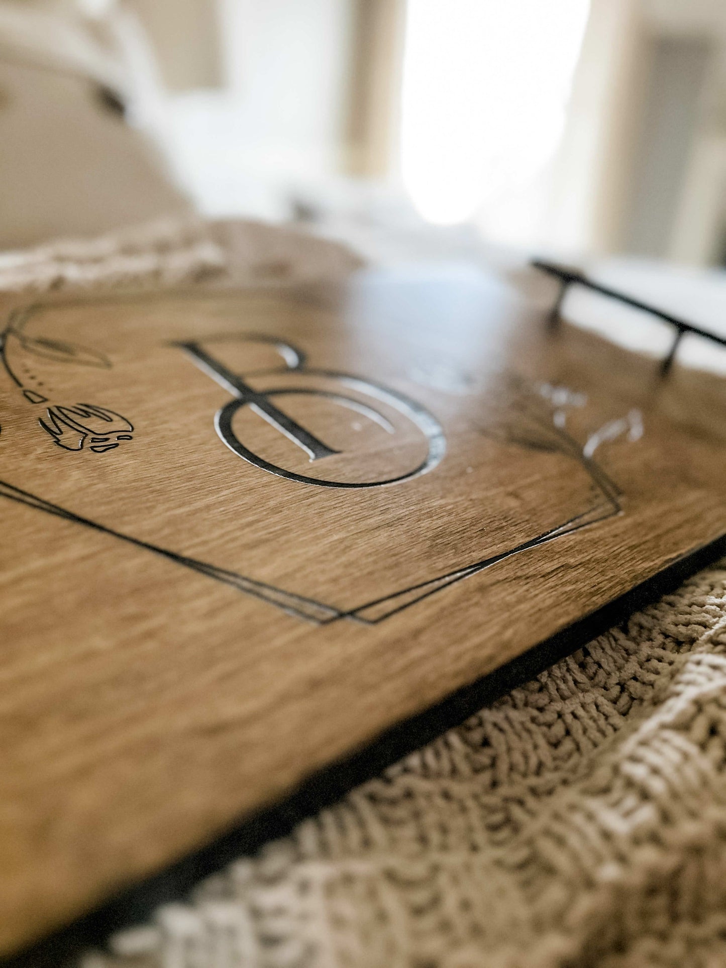 Engraved Floral Monogram Serving Tray, Warm Brown + Black Script