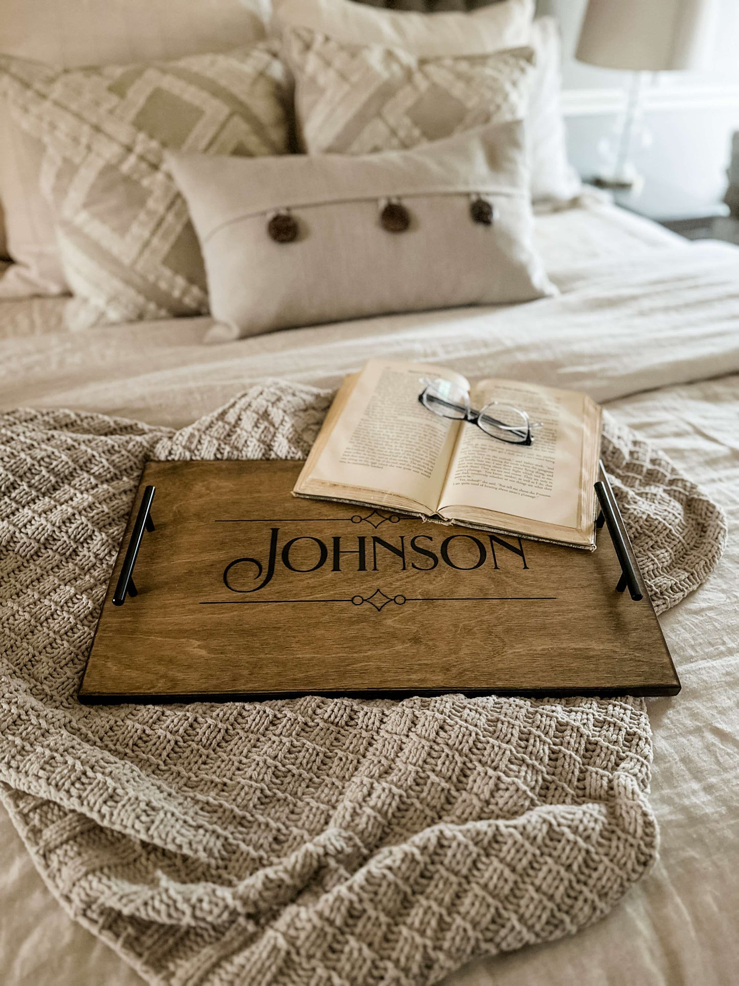 Personalized Last Name Serving Tray, Warm Brown + Black Script