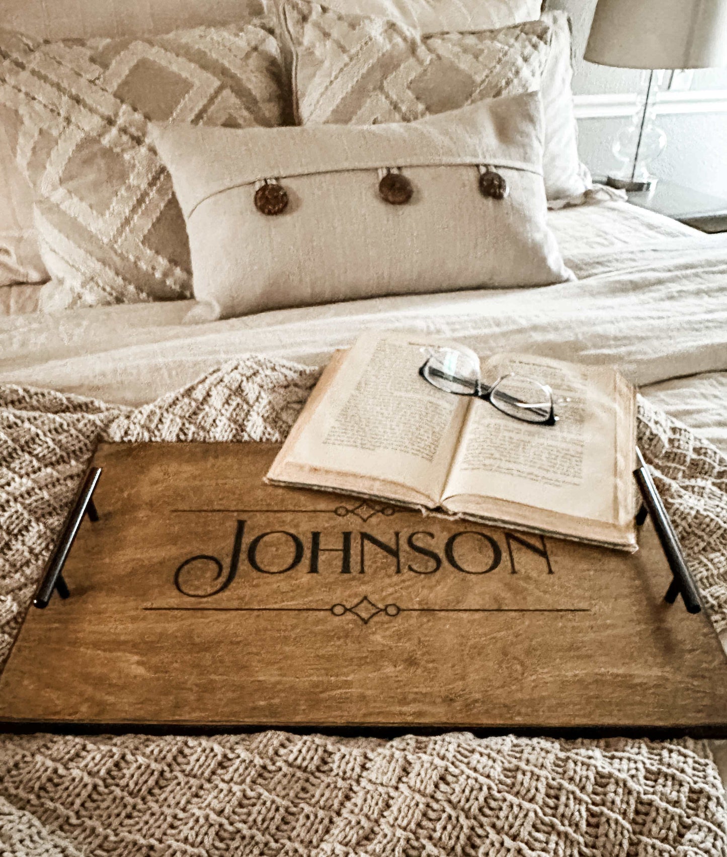 Personalized Last Name Serving Tray, Warm Brown + Black Script