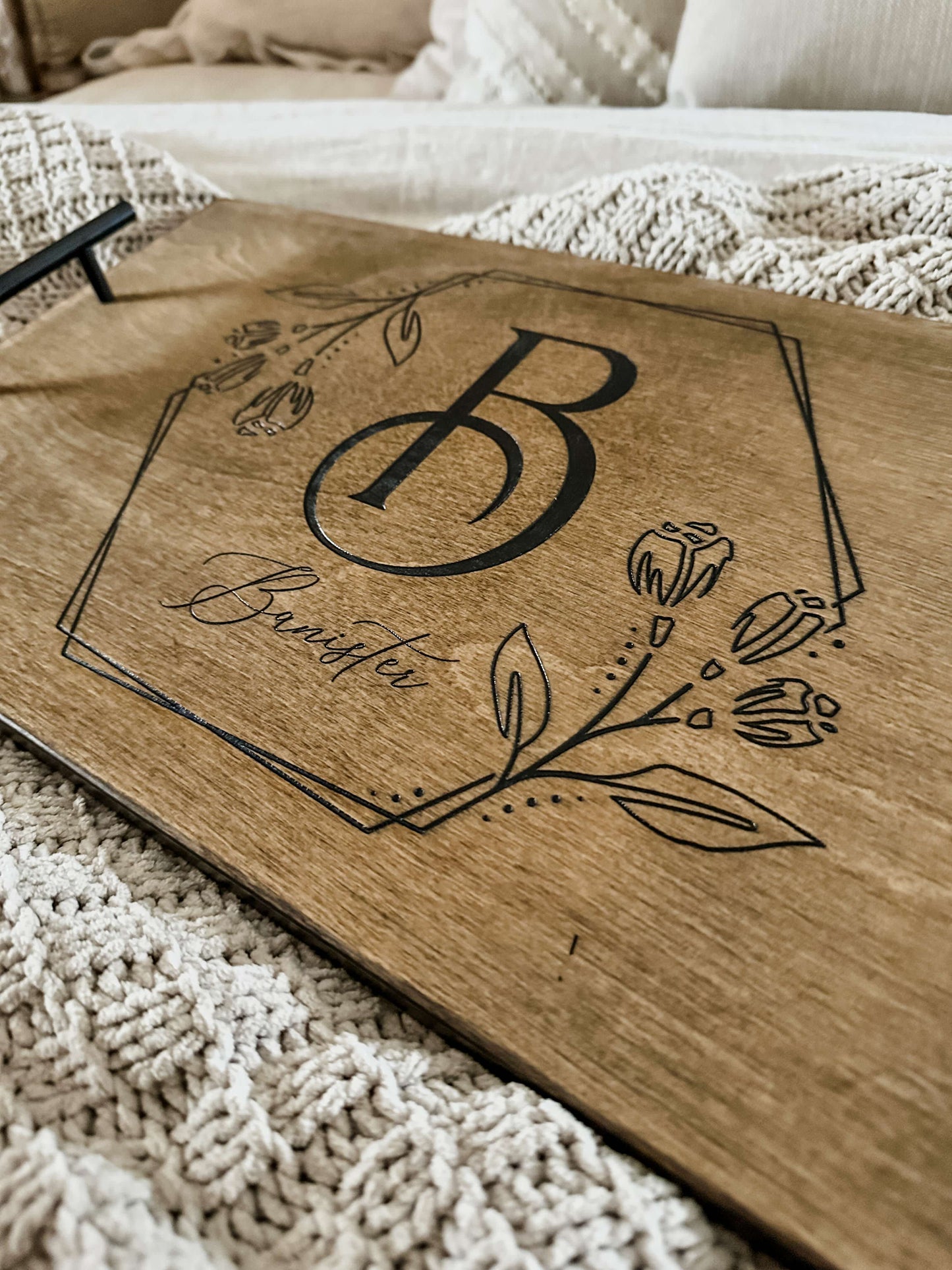 Engraved Initial Serving Tray, Warm Brown + Black Script