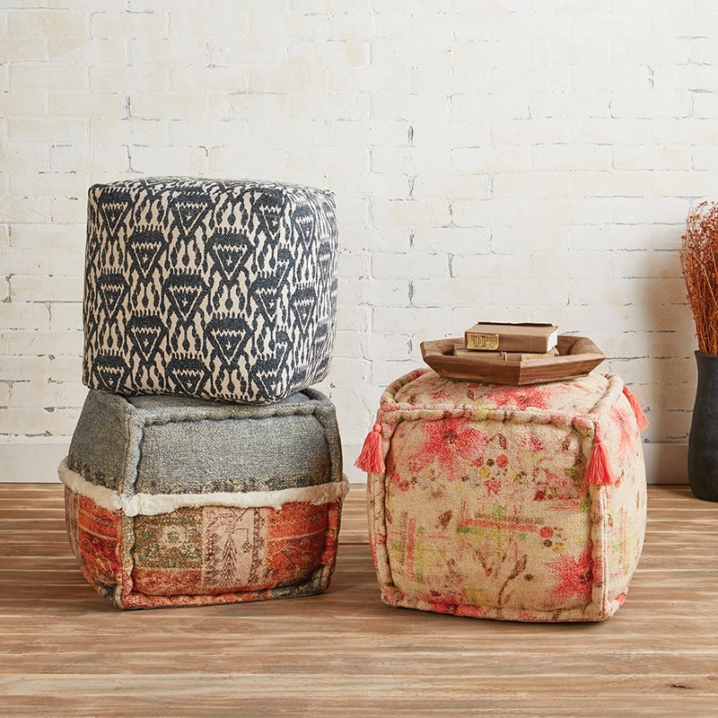 Tufted Embroidery Pouf with Multi-Pattern
