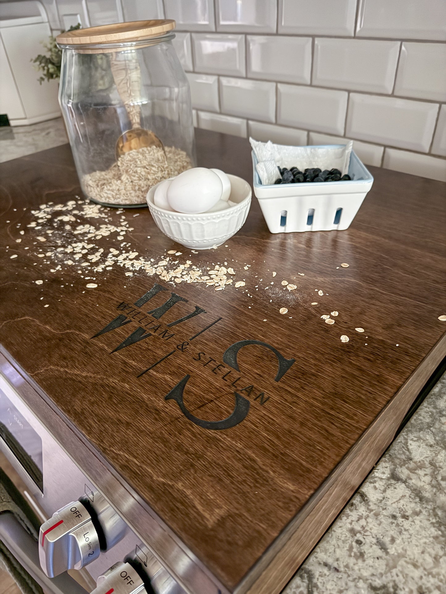 Personalized Monogram Stove Cover, Warm brown + Dark Script "Elizabeth"