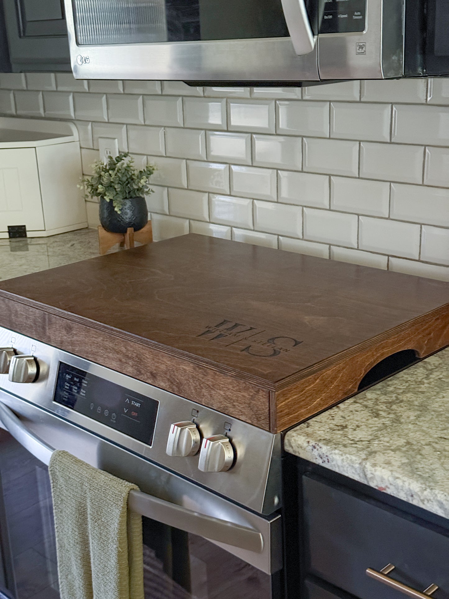 Personalized Monogram Stove Cover, Warm brown + Dark Script "Elizabeth"