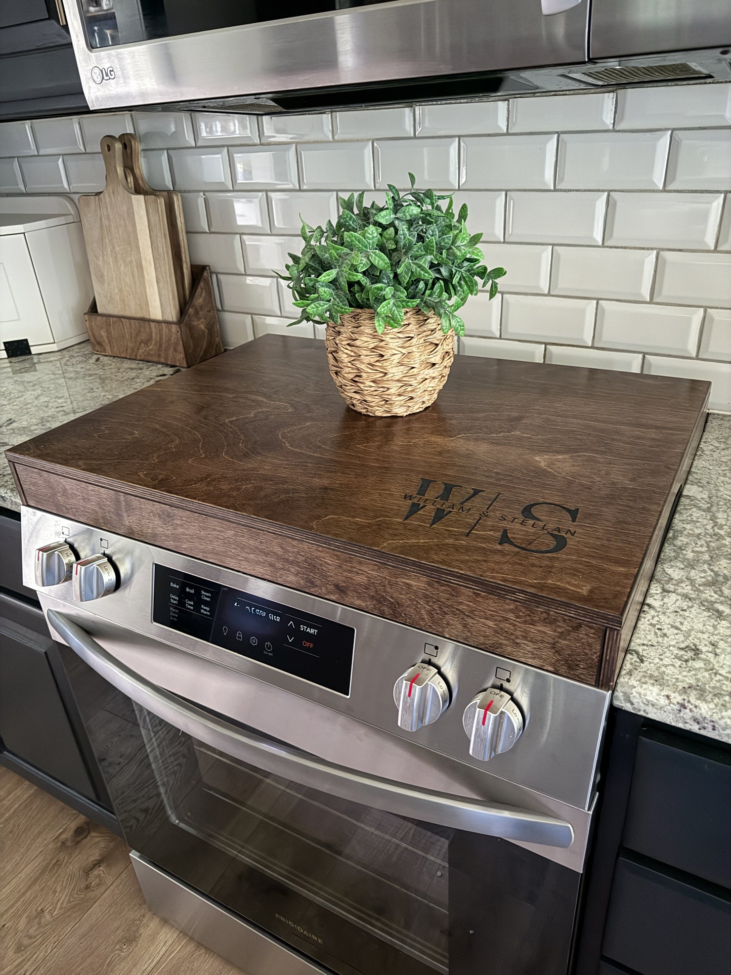 Personalized Monogram Stove Cover, Warm brown + Dark Script "Elizabeth"