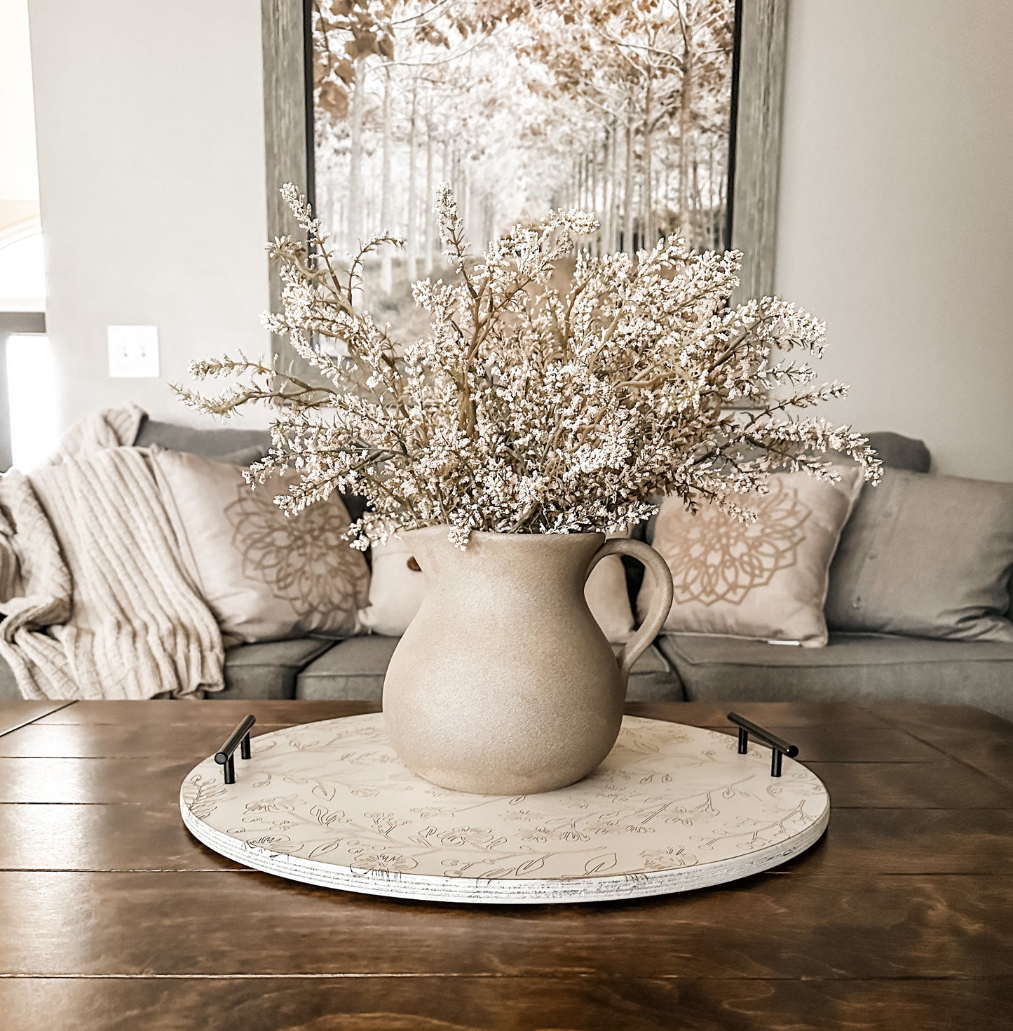 Engraved Floral Pattern Ottoman Tray, Distressed Ivory