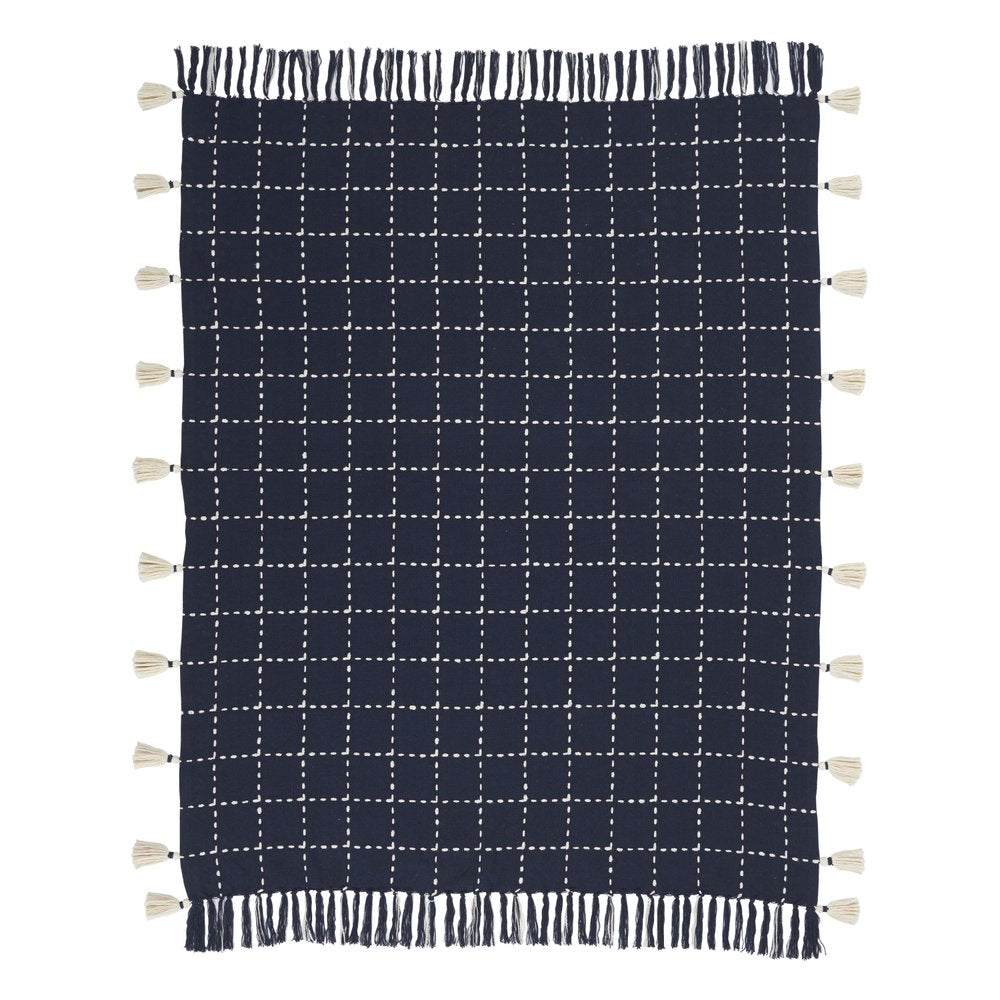Navy And White Stitched Square Pattern Cotton Throw Blanket