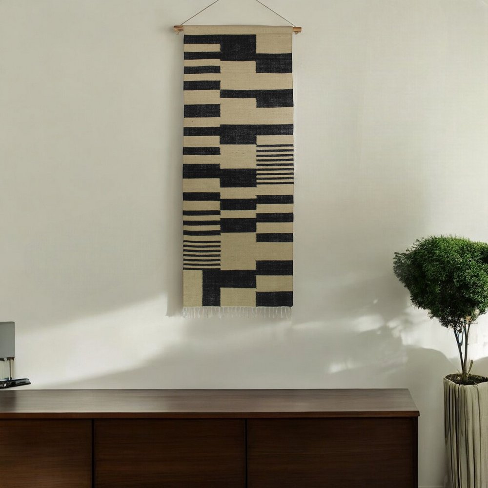 73" X 29" Beige And Black Abstract Geometric Jute Hanging Tapestry