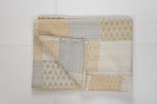 70" X 50" Beige Kantha Cotton Patchwork Throw Blanket with Embroidery