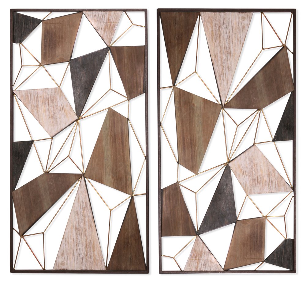 Set of Two Brown and Gold Geometric Wood and Metal Hanging Dimensional Sculptures