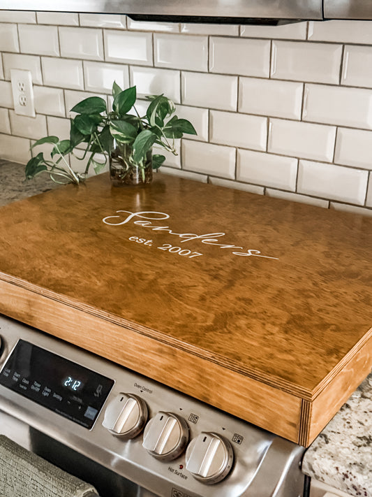 Personalized "Valencia" Stove Cover, Golden Oak + Soft White
