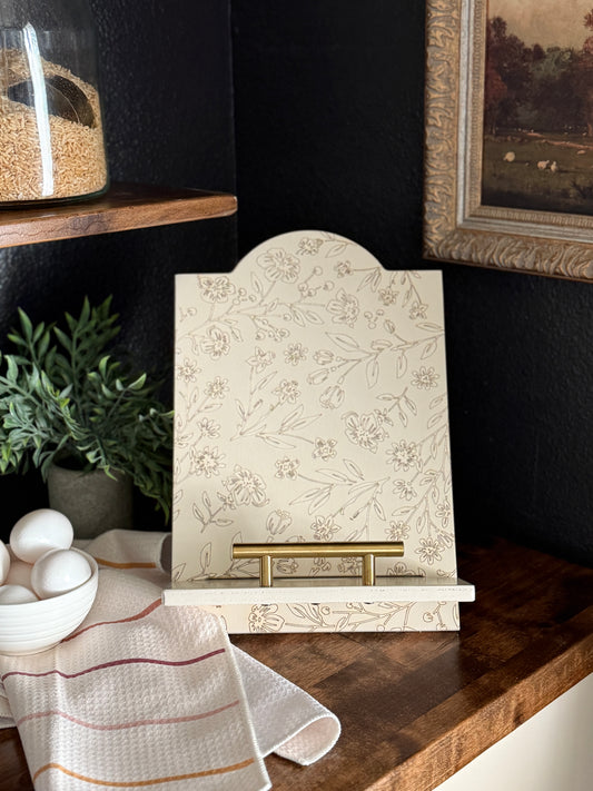 Engraved Floral Pattern Cookbook Holder, Ivory Painted