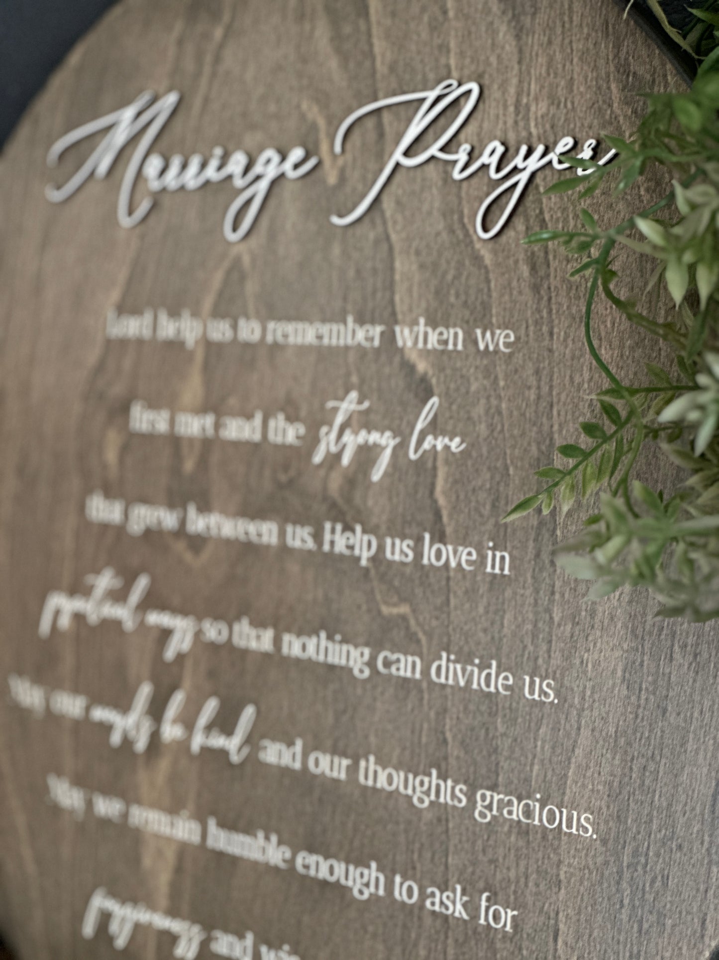Marriage Prayer Wood Round Sign in Aged Barrel