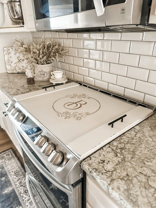 Personalized Initial Stove Cover + Floral Accent, Ivory Distressed "Brillion"