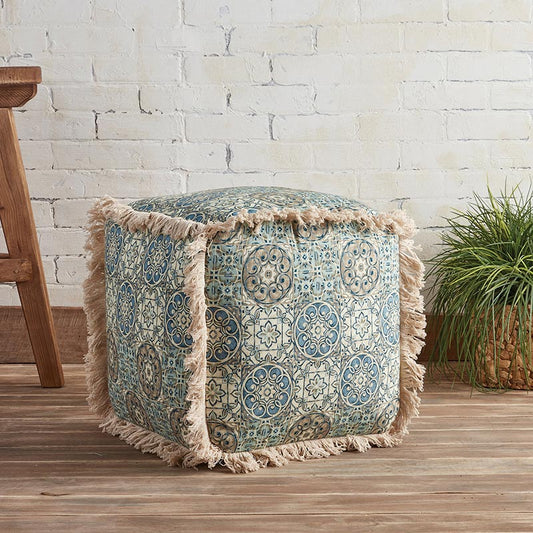 Tufted Embroidery Pouf with Green and Blue Pattern