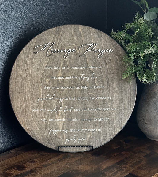 Marriage Prayer Wood Round Sign in Aged Barrel