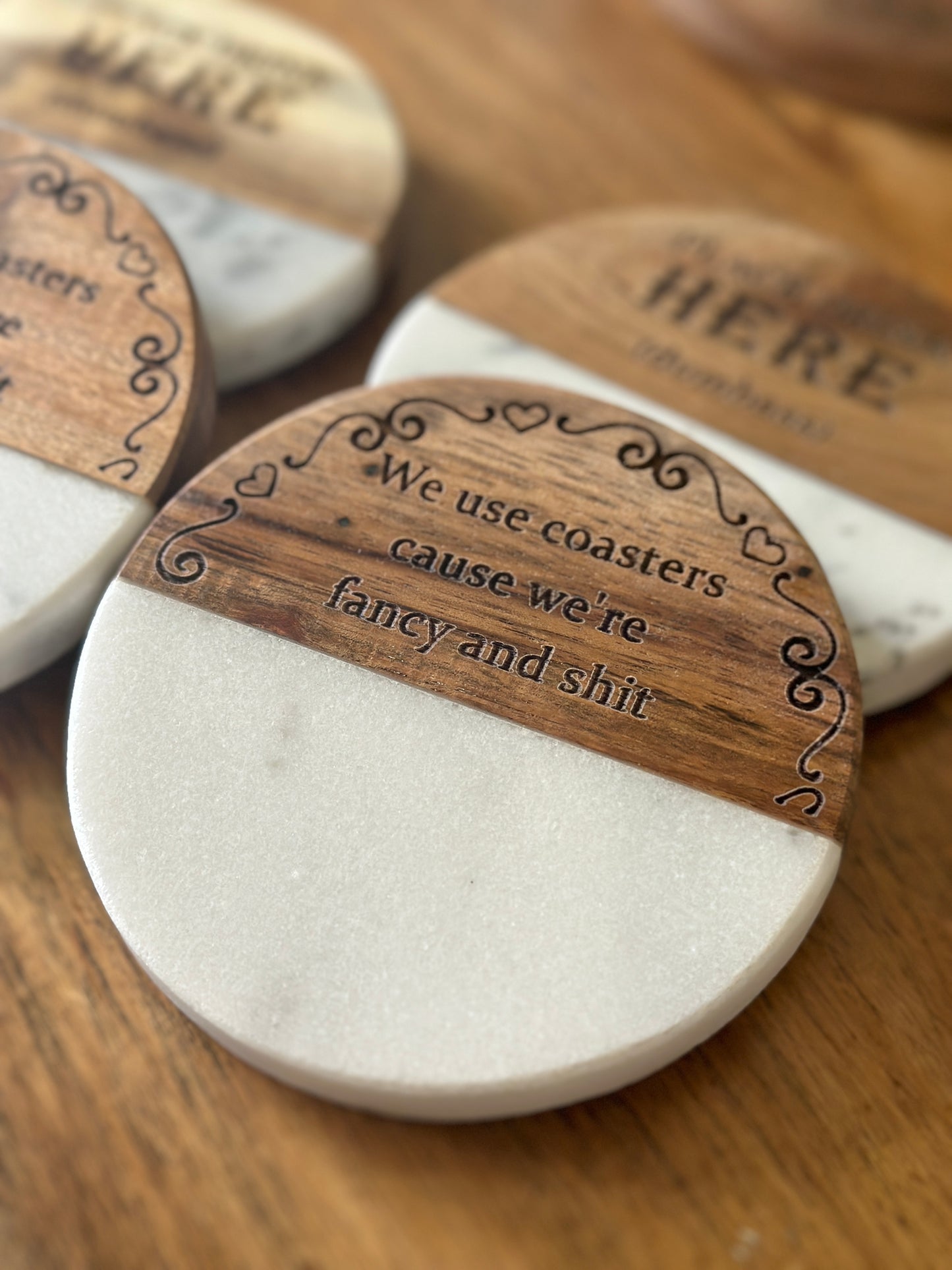 Funny Engraved Wood + Marble Coaster Set