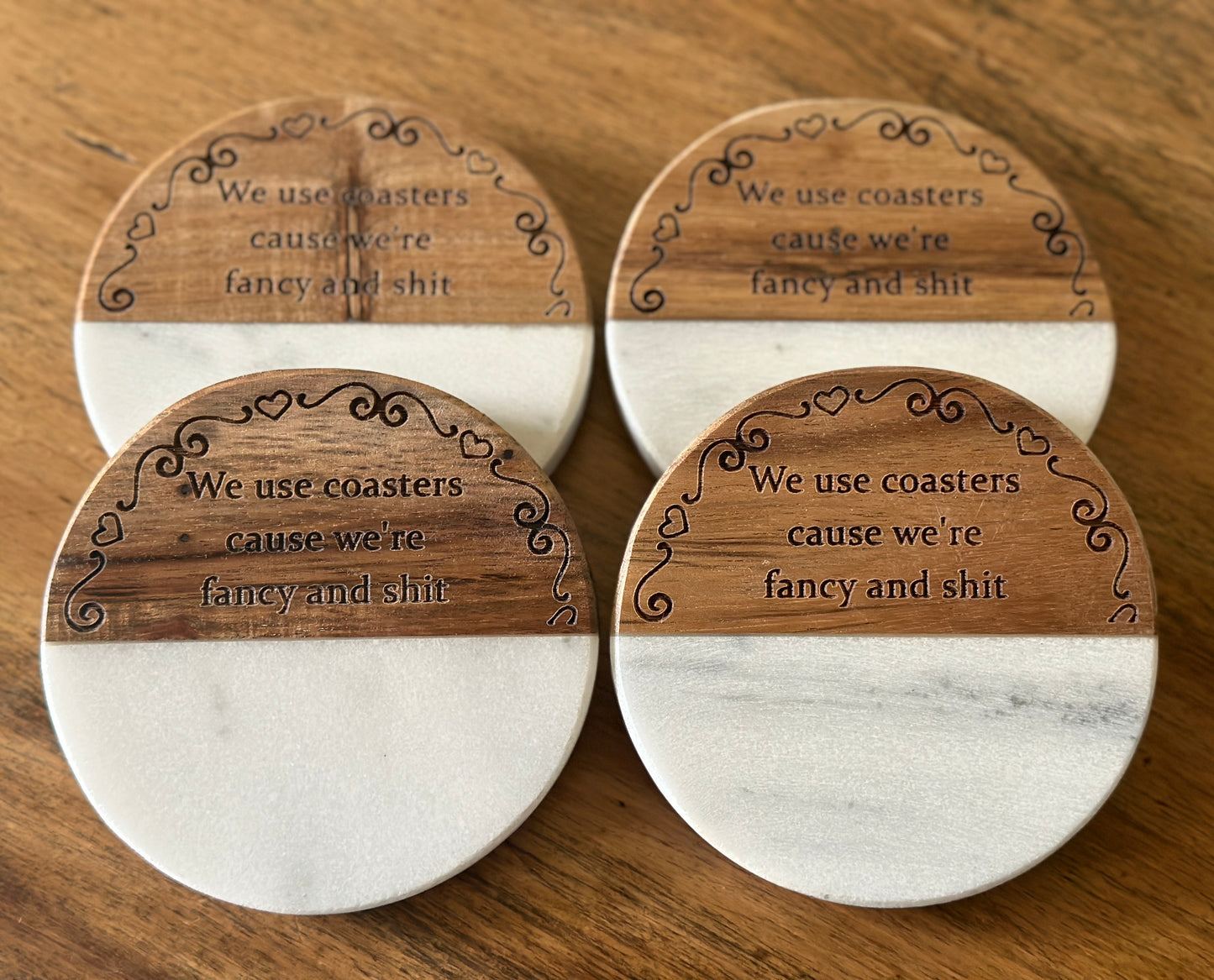 Funny Engraved Wood + Marble Coaster Set