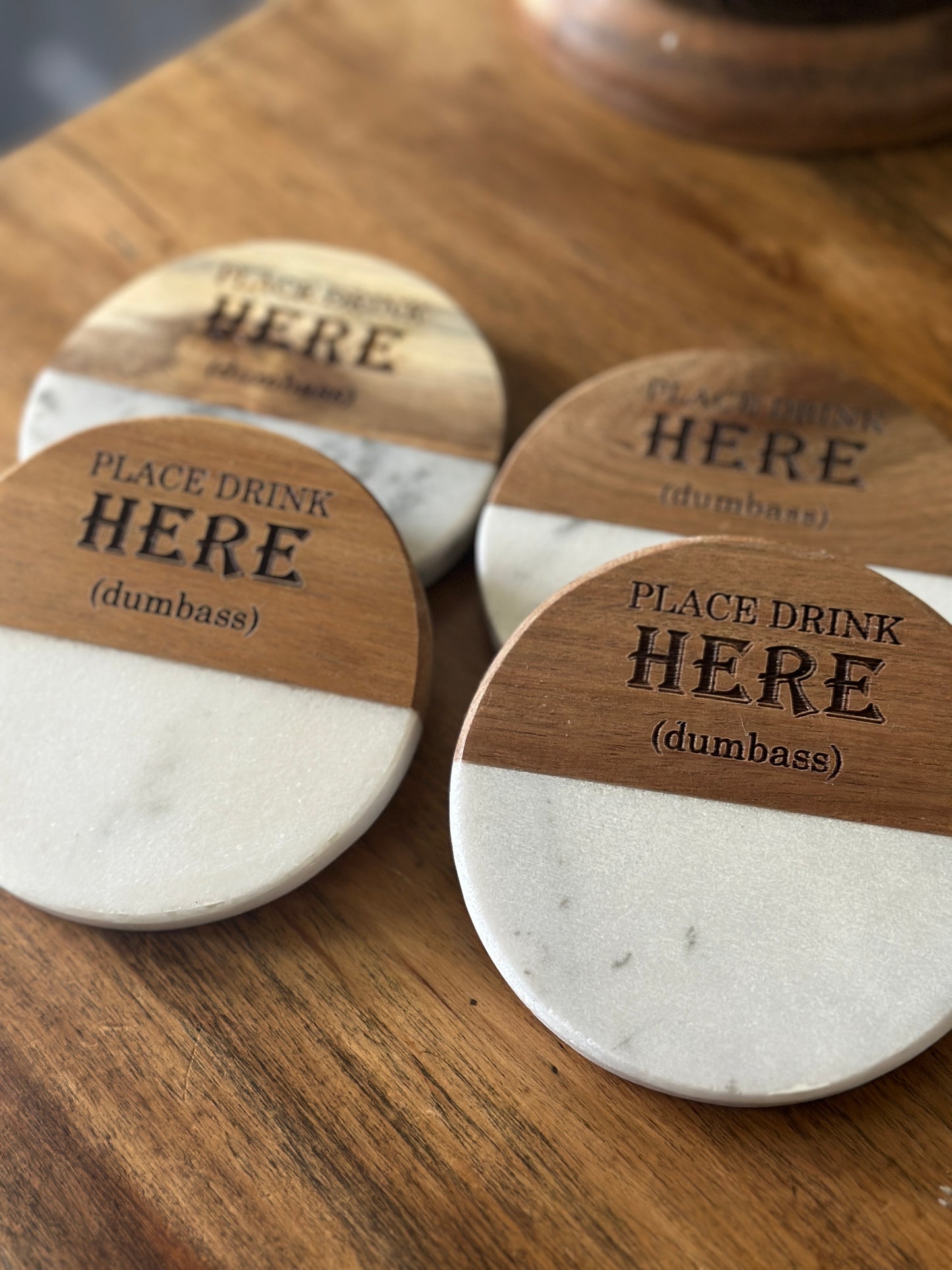 Funny Engraved Wood + Marble Coaster Set