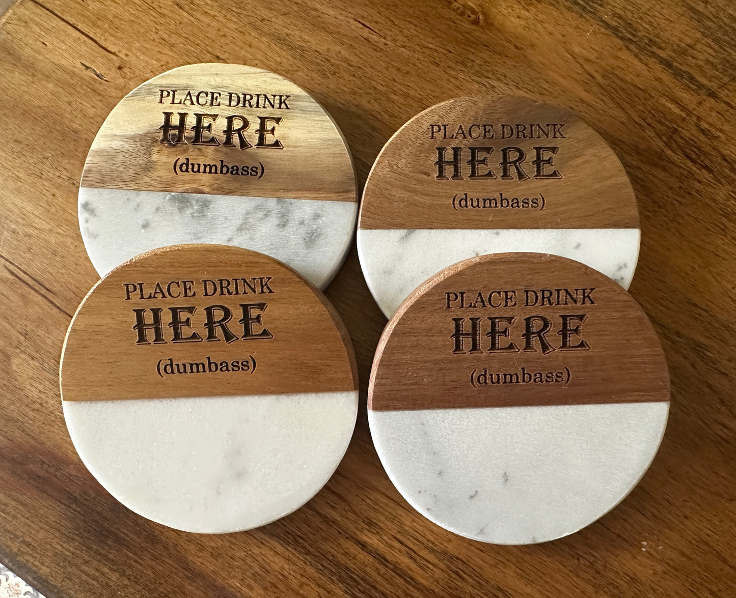 Funny Engraved Wood + Marble Coaster Set