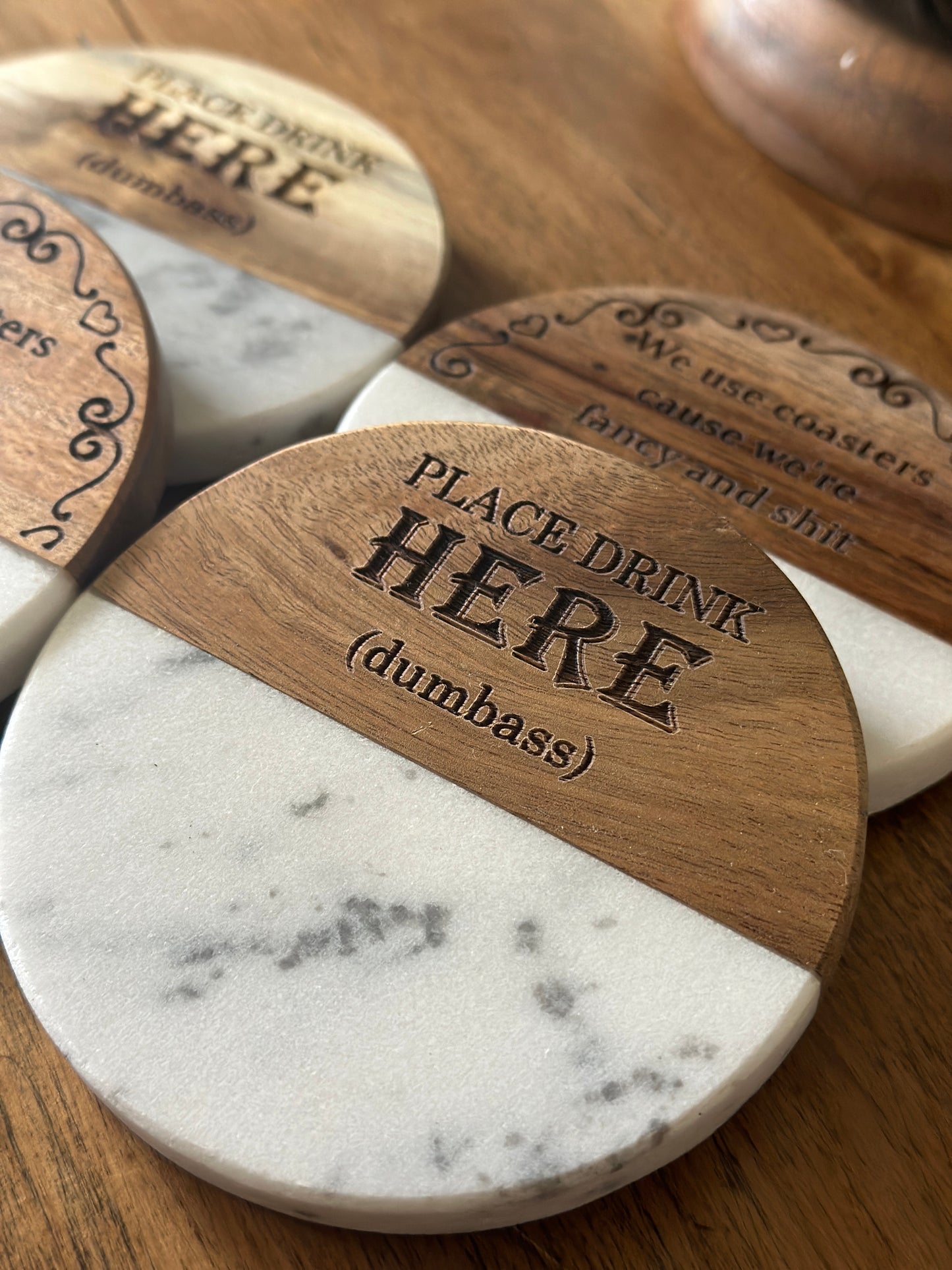 Funny Engraved Wood + Marble Coaster Set