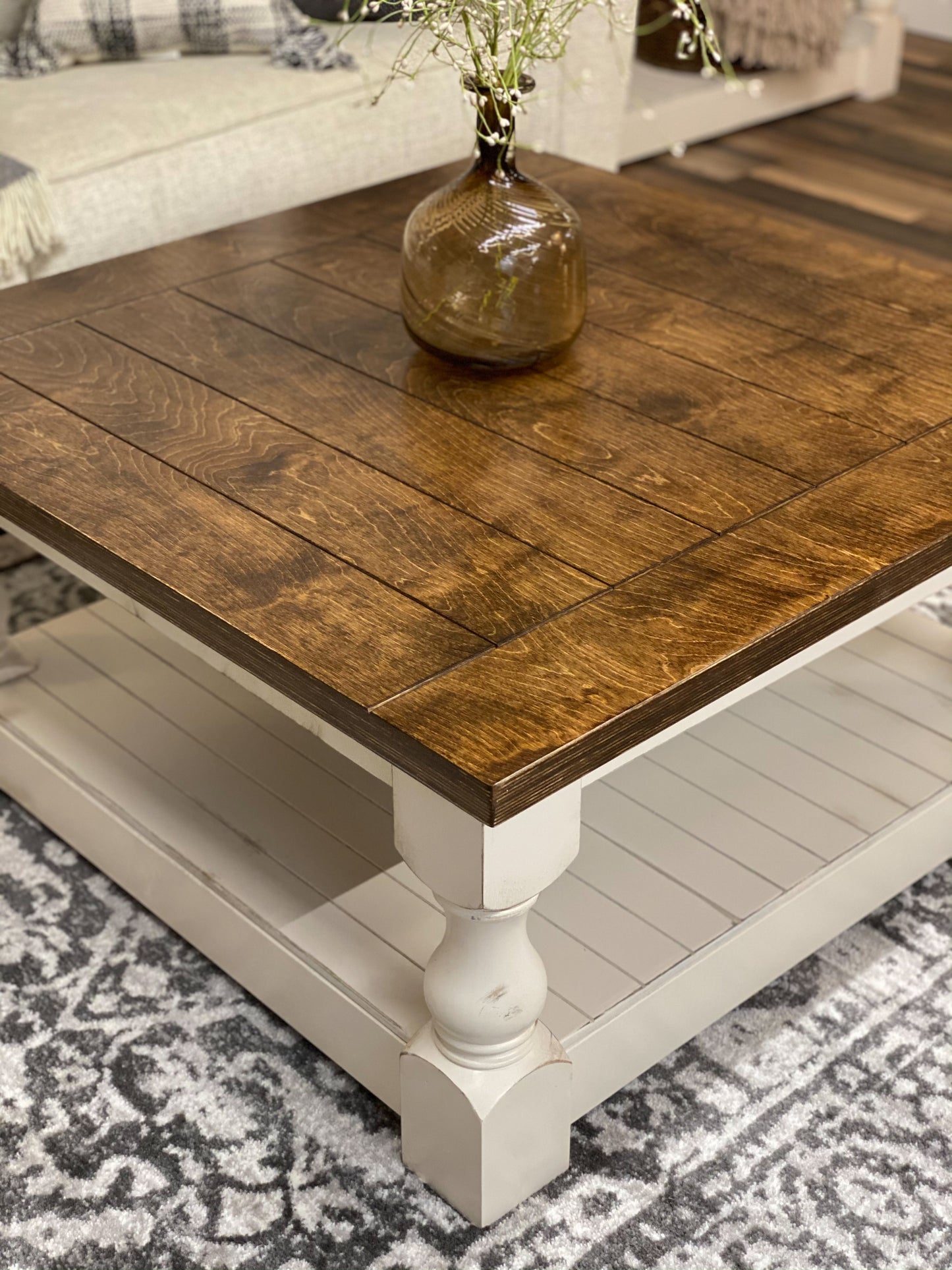 Baluster Distressed Farmhouse Style Table with a Warm Brown Stained Top