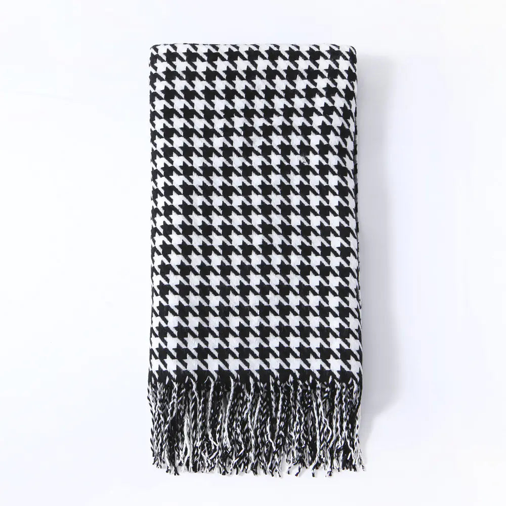 Ins Style Houndstooth Throw Blanket with Fringe
