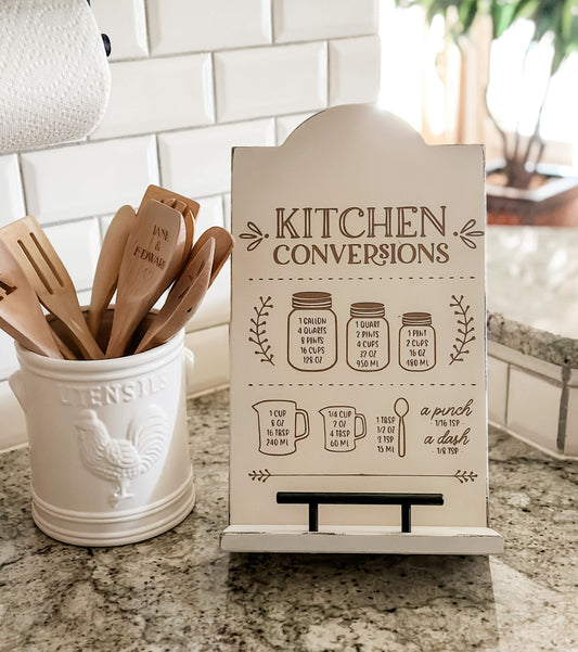 Engraved Kitchen Conversions Cookbook Stand, Ivory Distressed