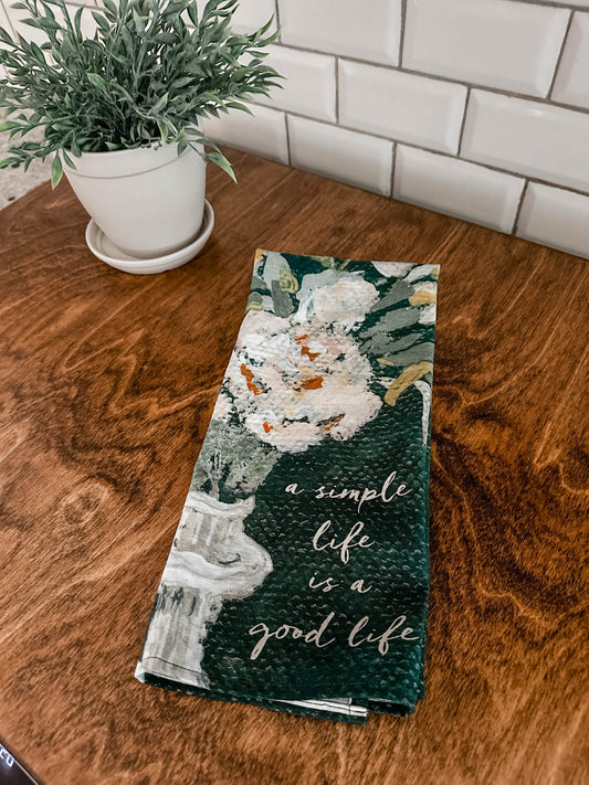 "Simple Life" Watercolor Floral Kitchen Towel